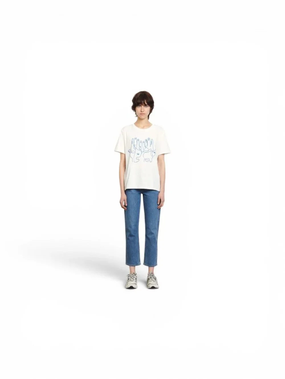 Sandro Paris White Cotton T-Shirt Evil Eye Hamzah Hand Embroidery - Sz 1 (US S) - Picture 5 of 8